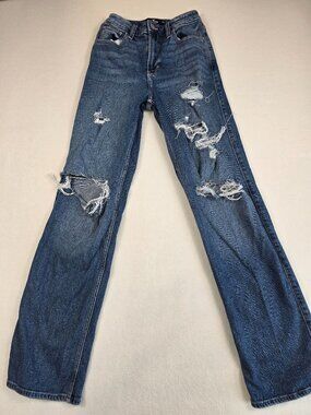 Hollister Womens 00L 24" Long Ultra High Rise Dad Jeans Distressed Blue Denim